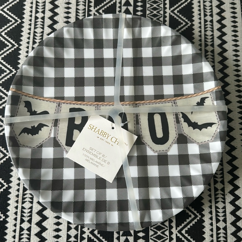 Shabby Chic Halloween Boo Bats Buffalo Check Black Dinner Plates Melamine Set 8